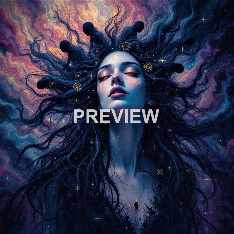 A surreal, fantasy-style digital artwork of a woman with flowing dark hair adorned with celestial symbols, set against a vibrant, colorful cosmic background.